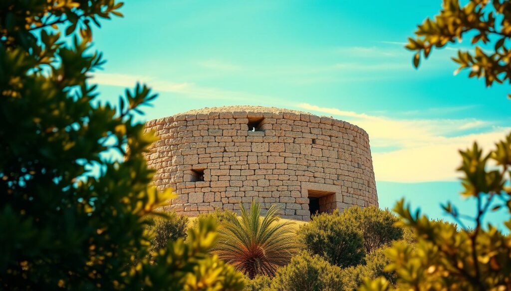 A majestic stone monument standing tall against the backdrop of a vibrant azure sky, the Naveta des Tudons is an ancient burial chamber showcasing the architectural prowess of Menorca's past. Captured in warm, golden lighting, the structure's intricate details and weathered facade evoke a sense of timeless wonder. The foreground is framed by lush, verdant foliage, creating a serene and picturesque scene. In the middle ground, the structure's unique beehive-like design and symmetrical layout are prominently featured, inviting the viewer to explore its rich history. The background seamlessly blends the structure with the island's natural beauty, accentuating Menorca's status as a cultural and scenic gem.