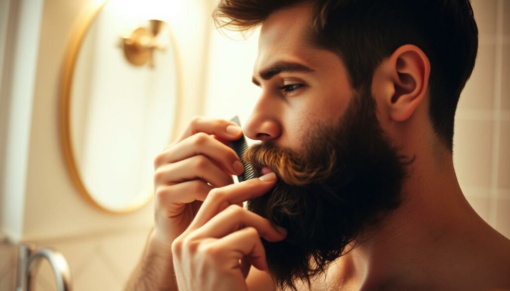 A man intently grooming his beard in the soft, warm light of a well-appointed bathroom. His focused expression reflects the care and attention he pays to the task, meticulously combing and styling each hair to achieve the perfect, well-groomed look. The scene is captured from a slight high angle, highlighting the man's skilled handiwork as he runs a fine-toothed comb through his facial hair. The bathroom's elegant fixtures and neutral tones create a calming, sophisticated atmosphere, underscoring the importance of proper beard maintenance.