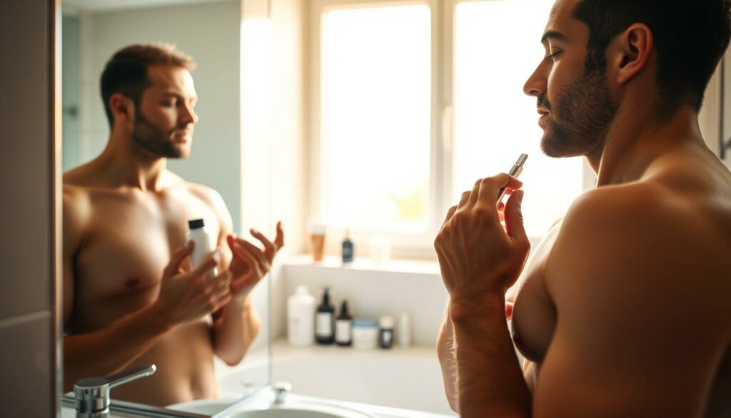 A man performing his daily intimate grooming routine in a clean, bright bathroom. In the foreground, his hands gently cleanse and trim his personal areas with grooming tools. The middle ground shows him meticulously examining his skin and applying a soothing moisturizer. In the background, a well-organized array of personal care products and accessories are neatly displayed. The scene is lit by warm, natural light flooding in through a large window, creating a calm, serene atmosphere. The man's expression is one of focused attention and self-care, conveying the importance of this daily ritual.