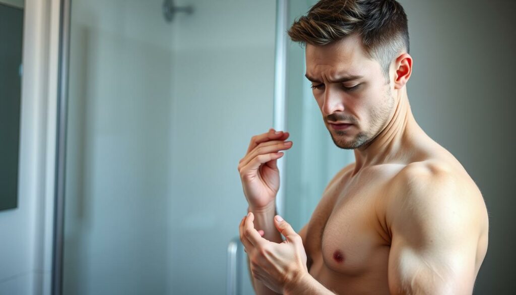 A man standing in a bathroom, examining the skin on his genitals with a concerned expression. The lighting is soft and natural, illuminating the details of his anatomy. The background is blurred, keeping the focus on the intimate subject. The image conveys a sense of personal care and preventative measures, with a subtle medical undertone. The composition is carefully framed to avoid any explicit or graphic content, maintaining a discreet and tasteful approach to the sensitive topic.