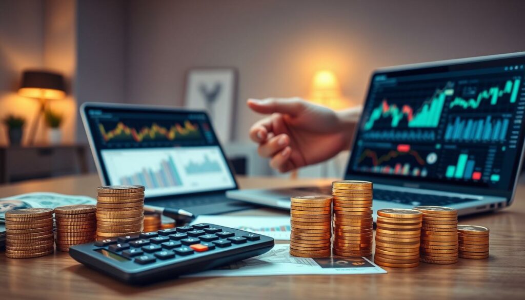 A meticulously composed scene of a well-organized investment portfolio. The foreground features stacks of gold coins, currency bills, and a graphing calculator against a backdrop of charts, graphs, and financial data displayed on a sleek, modern laptop. The middle ground showcases a hand making a confident investment decision, while the background depicts a serene, minimalist office setting with indirect lighting casting a warm, professional ambiance. The overall atmosphere conveys a sense of financial discipline, strategic planning, and a systematic approach to building wealth over time.