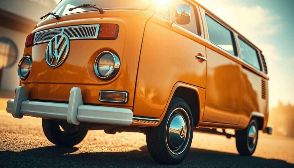 A meticulously crafted, iconic Volkswagen Bus captured in a dynamic, low-angle perspective. The classic, boxy silhouette commands attention, its rounded edges and chrome trim exuding timeless design. Warm, golden sunlight bathes the vehicle, casting soft shadows that accentuate its sculptural form. The vehicle is set against a blurred, atmospheric background, allowing the Bus to be the central focus. The overall mood evokes a sense of nostalgic charm and vintage automotive elegance, perfectly capturing the essence of the legendary Volkswagen Bulli.