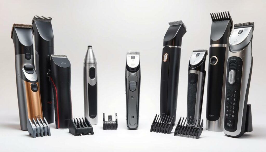 A meticulously detailed illustration of various types of men's beard trimmers, showcased in a well-lit, crisp studio setting. The foreground features an assortment of electric and manual trimmers in diverse shapes and sizes, displayed against a clean, neutral backdrop. The middle ground highlights the intricate mechanisms and cutting mechanisms of each trimmer model, while the background subtly suggests the versatility and personal grooming applications of these tools. The overall scene conveys a sense of precision, craftsmanship, and the nuanced considerations one might face when selecting the ideal beard trimmer to suit their individual needs and styling preferences.