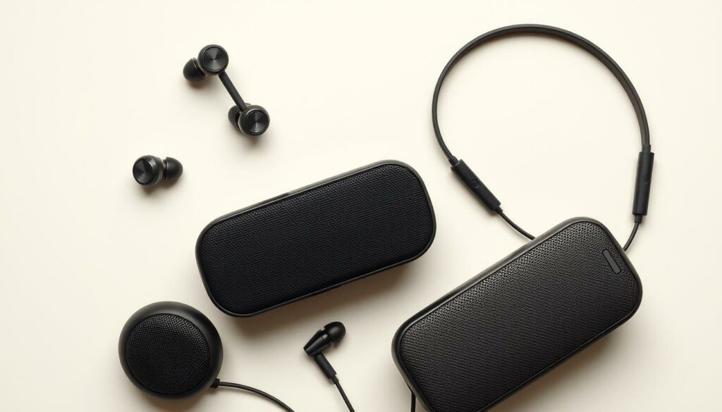 A meticulously photographed still life depicting a range of high-quality, mid-priced audio equipment, including in-ear headphones, wireless earbuds, and a sleek portable speaker. The items are artfully arranged on a minimalist, light-colored background, allowing the products to take center stage. Soft, even lighting gently illuminates the textured surfaces, highlighting the premium materials and craftsmanship. The composition is balanced and symmetrical, creating a sense of harmony and attention to detail. The mood is one of understated elegance and technical sophistication, reflecting the "Preis-Leistungs-Verhältnis" or "value for money" theme.