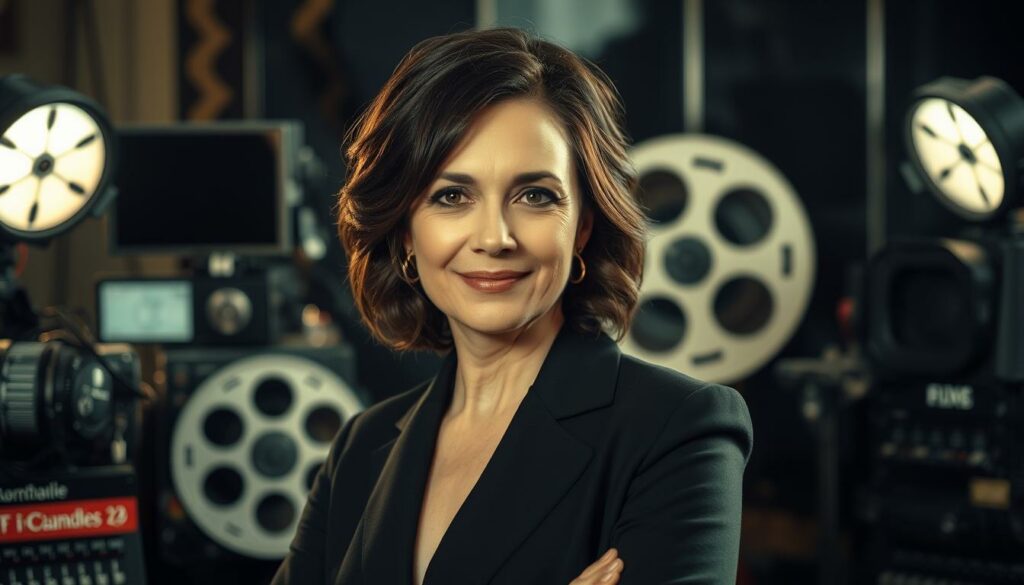 A mid-shot portrait of Noémi Besedes, a renowned film director, against a backdrop of movie production equipment and film reels. Noémi is standing confidently, wearing a chic black outfit, her gaze directed straight at the camera with a slight smile. The lighting is a warm, cinematic glow, with shadows and highlights accentuating her features. The composition is balanced, with the foreground subject complemented by the detailed, visually interesting middle and background elements. An atmosphere of creativity, professionalism, and artistic vision pervades the scene, reflecting Noémi's impressive career in the film and television industry.