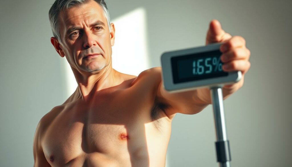 A middle-aged man with a muscular physique stands on a digital scale, his expression focused as he measures his body fat percentage. The scene is bathed in soft, natural lighting, creating a warm and introspective atmosphere. The scale's digital display prominently shows the man's body fat reading, emphasizing the importance of this metric in achieving a well-defined, "six-pack" physique. The background is minimalist, with a plain white or light-colored wall, allowing the subject to be the central focus. The image conveys the idea of self-assessment and the critical role of body fat reduction in sculpting an athletic, toned appearance.