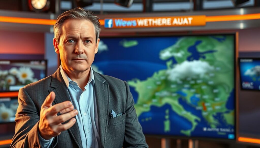 A middle-aged man with striking facial features, Jörg Kachelmann, stands before a weather map, his expression poised and authoritative. Dressed in a crisp, tailored suit, he gestures confidently while delivering a live weather forecast, his gaze fixed on the camera. The scene is bathed in warm, natural lighting, creating a sense of professionalism and expertise. Behind him, a state-of-the-art weather studio with sleek technology and displays provides a sophisticated backdrop, emphasizing Kachelmann's role as a renowned weather expert. The overall atmosphere conveys a sense of reliability, trust, and Kachelmann's deep understanding of meteorological phenomena.