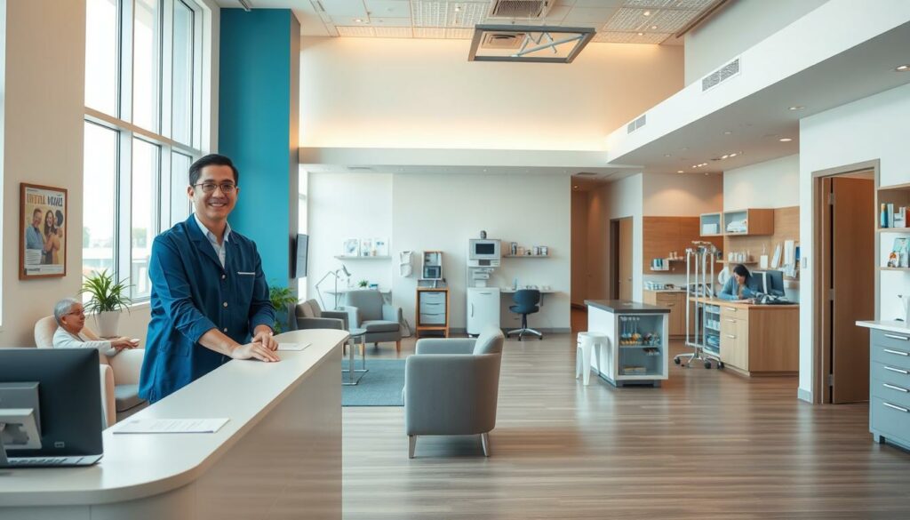 A modern and professional healthcare office interior, with an open floor plan and natural lighting. In the foreground, a reception desk with a friendly-looking staff member assisting a patient. The middle ground features comfortable seating areas, informative brochures, and a clean, minimalist aesthetic. The background showcases well-organized medical equipment and supplies, conveying a sense of efficient and high-quality service. The overall atmosphere is calming, welcoming, and reflective of a top-tier healthcare provider dedicated to patient satisfaction.