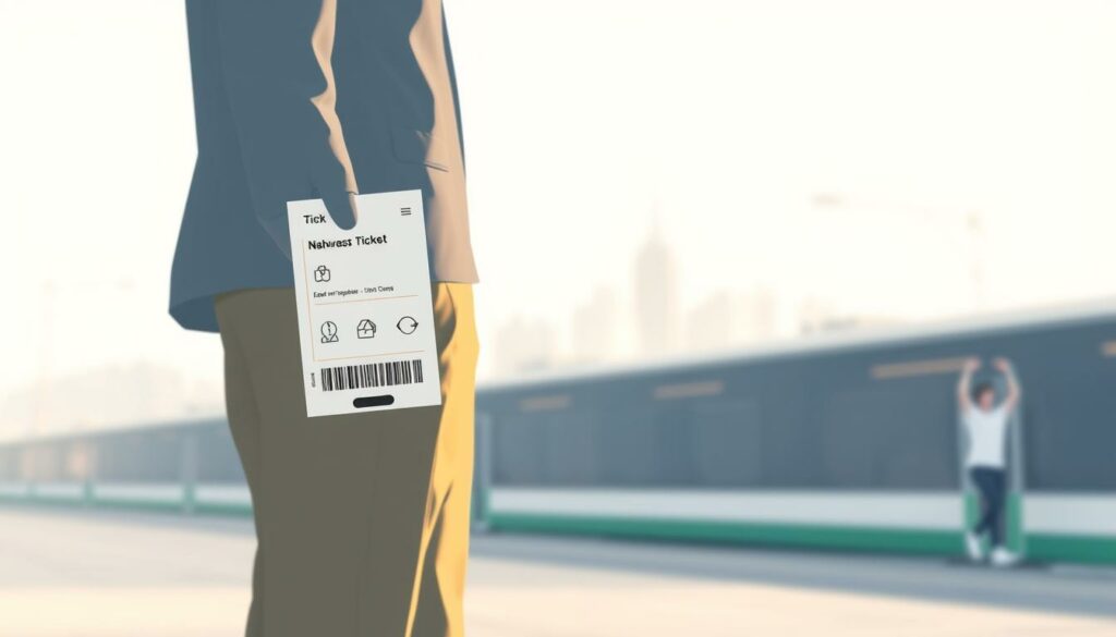 A modern, minimalist illustration of the advantages of the "Nahverkehr Ticket" in Germany. In the foreground, a person standing holding the ticket, with clear icons or symbols representing the key benefits - affordability, flexibility, and eco-friendliness. The middle ground features a clean, geometric cityscape in muted tones, suggesting urban public transportation. The background is a soft, blurred gradient, creating a sense of depth and focus on the central elements. The lighting is soft and diffused, with a slight warm tone, conveying a sense of optimism and approachability. The overall composition is balanced and visually striking, showcasing the ticket's advantages in a visually compelling way.