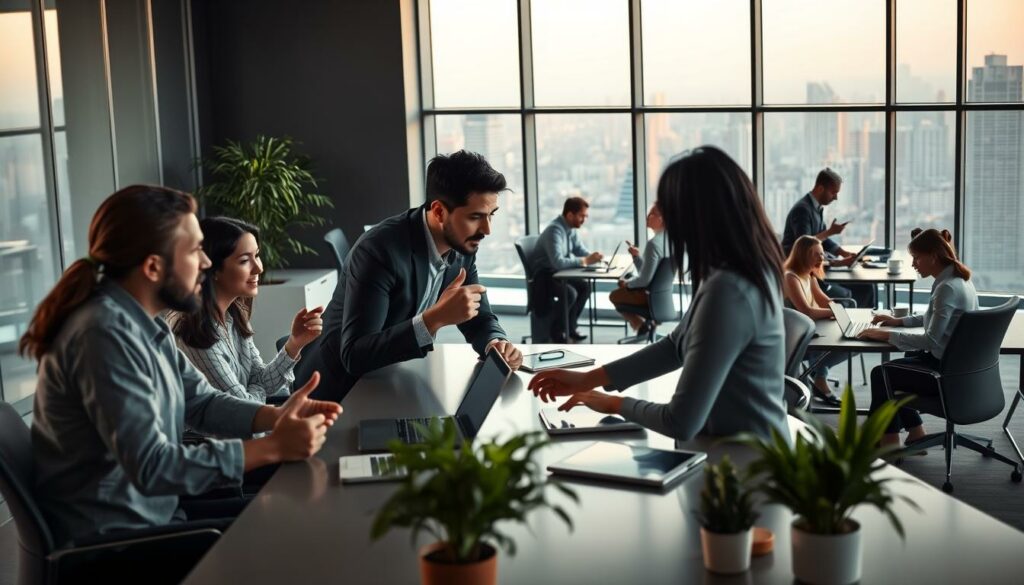 A modern office environment with a diverse group of professionals engaging in dynamic discussions. The foreground features a team meeting, with individuals leaning over a long conference table, gesturing animatedly and exchanging ideas. The middle ground showcases various workstations, with employees collaborating on laptops and tablets, surrounded by sleek, minimalist furnishings and potted plants. The background depicts floor-to-ceiling windows, offering a panoramic view of a bustling city skyline, symbolizing the ever-evolving nature of the modern workplace. The lighting is a blend of warm, natural tones and cool, artificial illumination, creating a sense of balance and productivity. The overall mood exudes a sense of optimism, innovation, and the embracing of both the challenges and opportunities that await in the future of work.