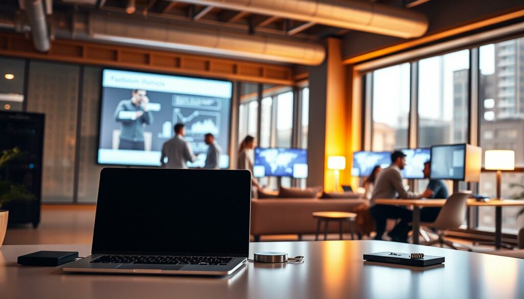 A modern office interior, bathed in warm, diffused lighting from large windows. In the foreground, a sleek, minimalist desk with a state-of-the-art laptop, a tablet, and a tidy arrangement of digital accessories. The middle ground features a comfortable lounge area with plush seating and a large, curved display screen broadcasting a presentation. In the background, a gleaming server rack and a team of professionals engaged in intense, collaborative discussions, their faces illuminated by the glow of multiple monitors. The atmosphere conveys a sense of technological innovation, productivity, and the synergistic interplay of human and machine in a dynamic, forward-thinking business environment.
