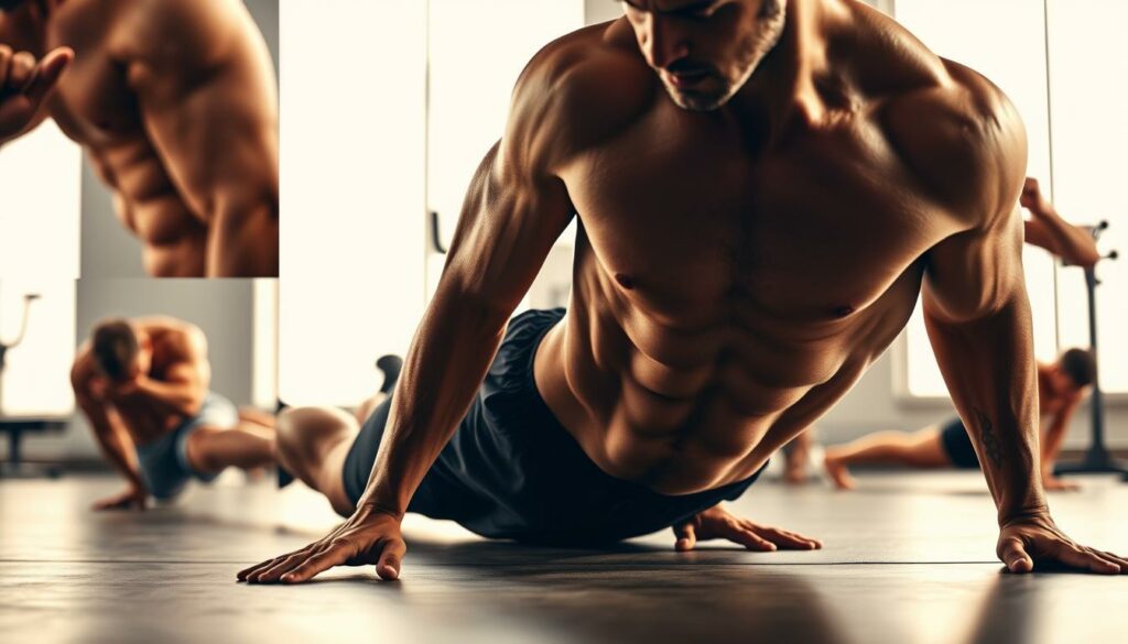 A muscular male athlete performing a series of intense abdominal exercises in a well-lit, modern fitness studio. The foreground features close-up shots of the core muscles in action, with a focus on proper form and technique. The middle ground showcases the athlete executing different variations of crunches, planks, and leg raises against a clean, minimalist background. The background subtly hints at the motivational environment, with sleek equipment and a sense of focus and determination. The lighting is warm and directional, casting dramatic shadows that accentuate the definition of the muscles. The overall mood is one of power, discipline, and the pursuit of a chiseled, "six-pack" physique.