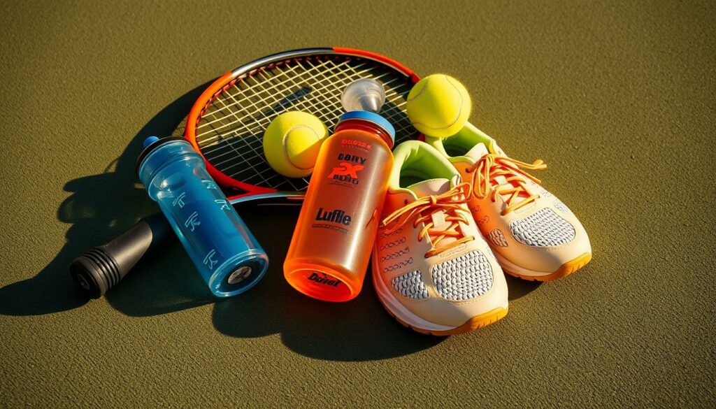 A neatly arranged selection of high-quality tennis equipment, including a racket, tennis balls, water bottle, and a pair of well-cushioned, brightly colored tennis shoes, all resting on a soft, plush tennis court surface. The lighting is warm and natural, casting subtle shadows and highlights that accentuate the textures and materials of the items. The composition is balanced and visually appealing, inviting the viewer to imagine themselves gearing up for a fun and productive tennis session as a beginner.