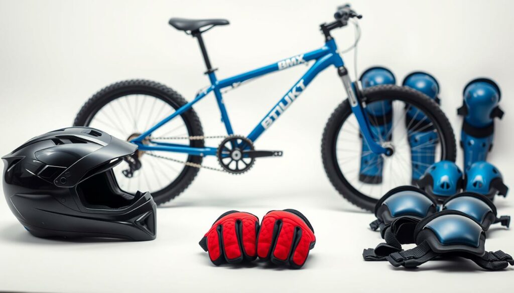 A neatly arranged set of BMX riding gear on a plain white background. In the foreground, a sleek black helmet with aerodynamic design and a visor. Beside it, a pair of sturdy, padded gloves in a bright red hue. In the middle ground, a high-quality BMX bicycle frame in a bold, vibrant blue, with intricate metalwork and a sturdy build. Finally, in the background, a set of protective knee and elbow pads in a matching blue tone, showcasing the complete ensemble required for safe and stylish BMX riding. The lighting is soft and diffused, highlighting the materials and textures of the equipment. The overall composition conveys a sense of readiness and anticipation for an exhilarating BMX adventure.