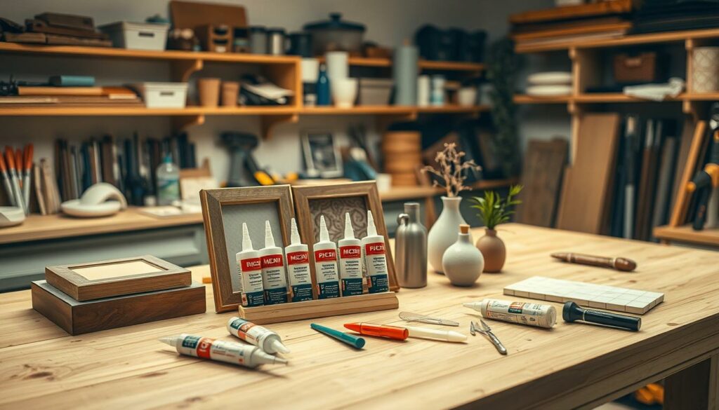 A neatly organized workshop scene with a large workbench in the center. On the workbench, various household items are arranged, including a picture frame, a decorative tile, and a small vase. Adhesive tubes and applicators are prominently displayed, showcasing the versatility of construction adhesives. The lighting is warm and focused, creating a sense of craftsmanship and attention to detail. In the background, shelves are stocked with tools and materials, hinting at the many DIY projects that can be tackled with the help of construction adhesives. The overall atmosphere is one of creativity, functionality, and the satisfaction of a job well done.