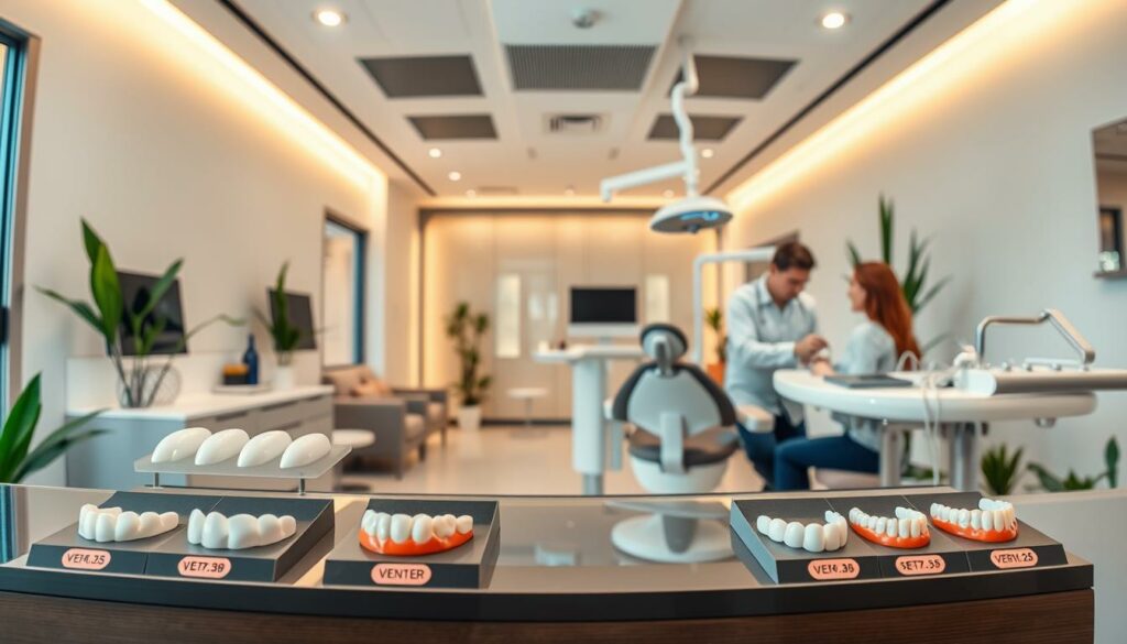 A panoramic view of a dental clinic, with a bright, modern interior and clean, minimalist design. In the foreground, a display showcases various veneer options, each with a price tag indicating the cost. The middle ground features a patient chair and a dentist's workstation, where a professional is carefully examining a patient's teeth. The background depicts a waiting area with comfortable seating and potted plants, creating a calming atmosphere. The lighting is warm and soft, highlighting the sleek, high-tech equipment and the attention to detail in the clinic's design. The overall scene conveys a sense of professionalism, quality, and transparency in the pricing of cosmetic dental procedures.