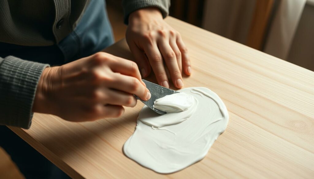 A person carefully applying a thick, white adhesive to a smooth, wooden surface with a putty knife. The application is clean and even, with the adhesive spreading into a thin, uniform layer. The background is slightly blurred, drawing the focus to the foreground action. The lighting is soft and diffused, creating a warm, natural atmosphere. The camera angle is slightly elevated, providing a clear view of the process. The mood is one of precision and attention to detail, reflecting the care required when using a mounting adhesive.