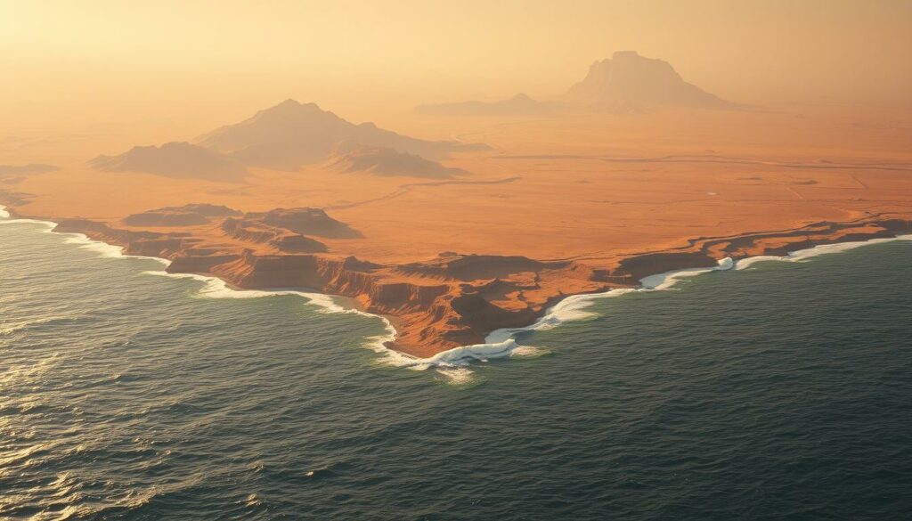 A photorealistic landscape depicting geographic Mandela effects, showcasing subtle yet perplexing alterations to familiar landmasses and coastlines. The foreground features a vast, sun-drenched ocean, its waves gently lapping against an eerily distorted shoreline. In the middle ground, landmasses appear to have shifted, their shapes and proportions seemingly at odds with common knowledge. Towering mountain ranges and sprawling deserts have been rearranged, creating an unsettling yet captivating scene. The background is shrouded in a hazy, dreamlike atmosphere, as if the viewer is witnessing a parallel world where the geography has been subtly, yet undeniably, transformed. The lighting is warm and natural, casting deep shadows that accentuate the peculiarities of the landscape. The composition is balanced and symmetrical, drawing the eye to the center of the image, where the most pronounced Mandela effects are visible.