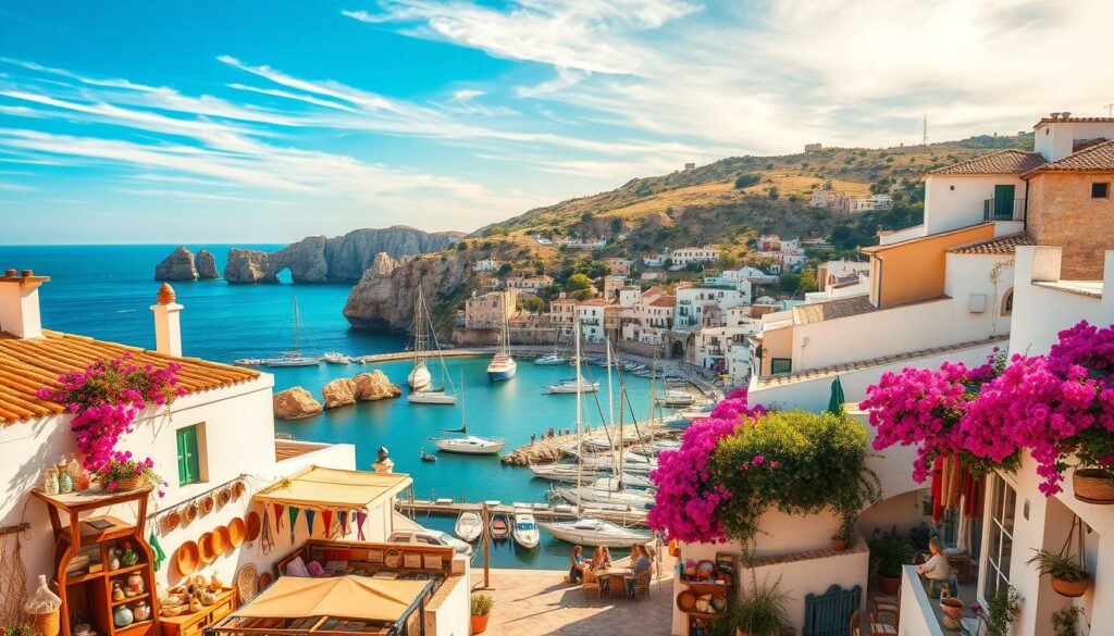 A picturesque coastal town on the island of Menorca, with whitewashed buildings, terracotta roofs, and vibrant bougainvillea flowers cascading down the walls. In the foreground, a lively market scene, with local vendors selling fresh produce, handcrafted ceramics, and traditional textiles. In the middle ground, a quaint harbor filled with colorful fishing boats and sailboats gently bobbing on the turquoise waters of the Mediterranean. In the background, rugged limestone cliffs and a serene azure sky, with wispy clouds drifting overhead. Warm, golden sunlight bathes the entire scene, creating a welcoming and relaxing atmosphere, perfect for a Menorca vacation.