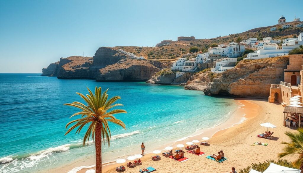 A pristine Greek beach nestled between rugged cliffs, the azure Aegean Sea lapping at the golden sand. Palm trees sway gently in the warm breeze, casting soft shadows over sunbathers relaxing on plush towels. In the distance, whitewashed buildings with blue-domed roofs dot the hillside, a picturesque Mediterranean scene. Brilliant sunlight bathes the entire tableau, creating a tranquil, postcard-worthy atmosphere. A wide-angle lens captures the expansive vista, highlighting the breathtaking natural beauty that epitomizes the most stunning beaches of Greece.