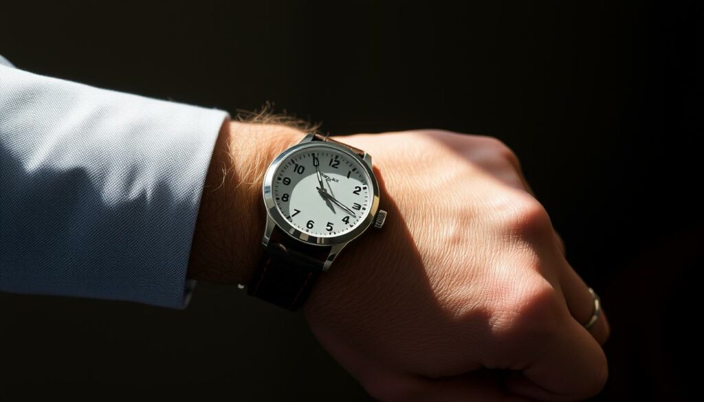 A refined gentleman's wrist, adorned with a classic analog timepiece. The face displays the hour and minute hands with refined simplicity, the numerals and indices crafted with precision. The strap, made of supple leather, secures the watch elegantly to the wearer's arm. Soft, diffused lighting illuminates the ensemble, casting subtle shadows that accentuate the timepiece's elegant silhouette. The composition is balanced, the watch positioned prominently yet unobtrusively, conveying a sense of timeless style and refined etiquette.
