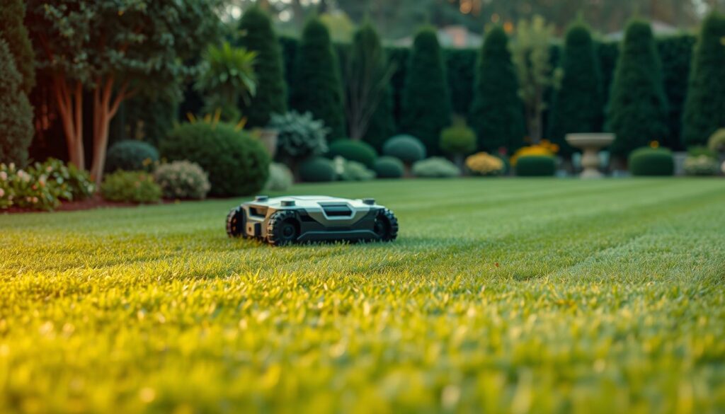 A robotic lawn mower navigates a lush, verdant lawn, seamlessly avoiding obstacles and safely maneuvering around the yard. In the foreground, a series of sensors and cameras carefully detect and map the terrain, identifying potential hazards such as rocks, tree roots, and sudden changes in elevation. The middle ground showcases the mower's sleek, modern design, with clean lines and a sturdy, weatherproof chassis. In the background, a neatly trimmed lawn and well-maintained landscaping create a tranquil, picturesque setting. Warm, natural lighting casts a soft glow over the scene, accentuating the harmony between the technology and the natural environment. The overall atmosphere conveys a sense of efficiency, safety, and environmental stewardship.