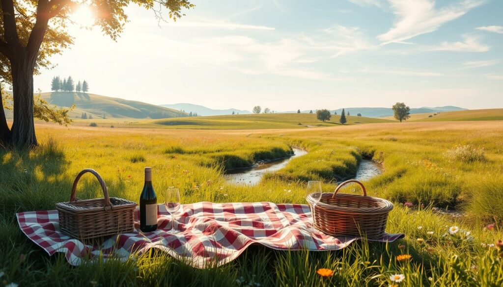 A romantic picnic setting in a serene countryside meadow, with a soft, warm summer light filtering through the trees. In the foreground, a checkered picnic blanket with a wicker basket, a bottle of wine, and two wine glasses. In the middle ground, lush green grasses dotted with colorful wildflowers, and a gentle stream winding its way through the scene. The background features rolling hills, a few distant trees, and a clear, blue sky with wispy clouds. The overall mood is cozy, intimate, and budget-friendly, conveying a sense of simple pleasures and appreciation for the natural beauty.