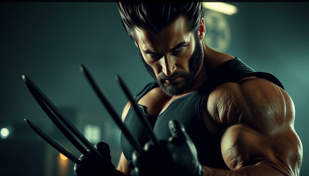 A rugged, muscular Hugh Jackman standing tall as the iconic Marvel superhero Wolverine. His intense gaze pierces through the viewer, his adamantium claws extended, ready to strike. The image is captured in a dimly lit, gritty setting, with a moody, atmospheric lighting that casts dramatic shadows across his weathered face. The background is hazy, with a suggestion of the X-Men team's headquarters in the distance, emphasizing Wolverine's solitary, brooding nature. The overall composition conveys the character's raw power, indomitable spirit, and the weight of his experiences as a mutant warrior.