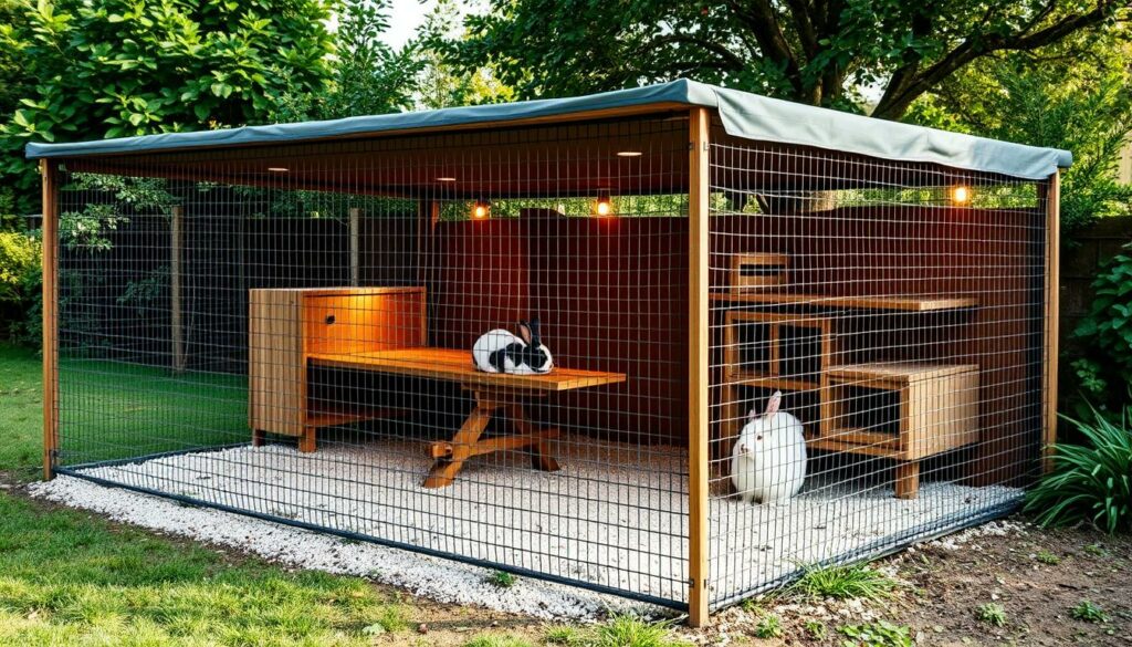 A secure outdoor enclosure for a rabbit hutch, designed to keep the rabbits safe from predators and prevent escapes. The enclosure features sturdy wire mesh fencing, anchored firmly into the ground, with a covered top to protect from aerial threats. The ground is covered in soft, absorbent bedding material, and there are raised platforms and hiding spots for the rabbits to explore. Warm, natural lighting illuminates the scene, creating a calm and serene atmosphere. The enclosure is situated in a lush, verdant garden setting, blending seamlessly with the surrounding natural environment.