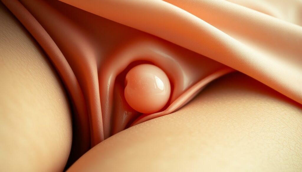 A sensual close-up of a female's clitoris, captured in exquisite detail with a macro lens. The delicate folds of the labia gently part, revealing the engorged, glistening nub at the apex. Warm, soft lighting casts an ethereal glow, highlighting the intricate texture and subtle blush of the sensitive nerve endings. The composition is carefully framed to convey a sense of intimacy and reverence, inviting the viewer to appreciate the beauty and power of this remarkable erogenous zone. The image radiates a mood of serenity, arousal, and the profound pleasures of responsive touch.