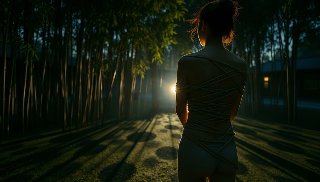A serene Japanese garden at twilight, the bamboo grove casting intricate shadows upon the ground. In the center, a figure is bound in the graceful, interconnected patterns of Shibari, the ancient art of Japanese rope bondage. Delicate ropes weave across the model's body, creating a mesmerizing interplay of light and shadow. The mood is one of reverence and tranquility, the scene infused with a sense of ritual and contemplation. The camera captures the scene from a low angle, emphasizing the harmonious lines and silhouettes. Subtle highlights accentuate the texture of the ropes and the model's skin, lending an ethereal quality to the imagery.