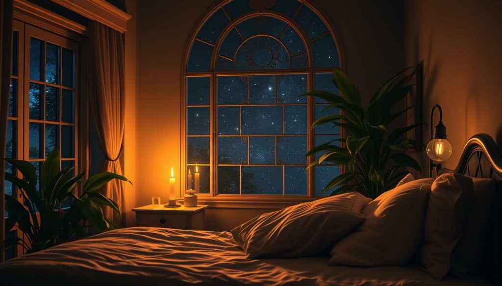 A serene bedroom at night, with a peaceful, dreamlike atmosphere. Soft, warm lighting illuminates the scene, casting a cozy glow. In the foreground, an inviting bed with plush bedding, beckoning the viewer to rest and dream. Lush, verdant plants adorn the space, adding a sense of tranquility. In the middle ground, a nightstand with a single lit candle, its flickering flame casting gentle shadows. The background features a large, ornate window, revealing a starry night sky, hinting at the boundless possibilities of the subconscious. The overall mood is one of relaxation and anticipation, setting the stage for a night of vivid, sensual dreams.