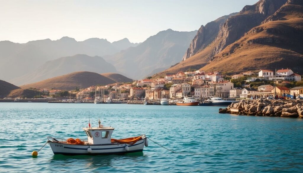 A serene coastal scene, bathed in warm afternoon sunlight. In the foreground, a small fishing boat gently rocking on the calm, azure waters, its nets meticulously maintained. Midground, a picturesque harbor town nestled between rolling hills, with quaint cottages and bustling docks. In the background, a majestic mountain range silhouetted against a cloudless sky. The overall atmosphere exudes a sense of harmony and sustainability, reflecting the ethical and ecological principles of pescetarianism.