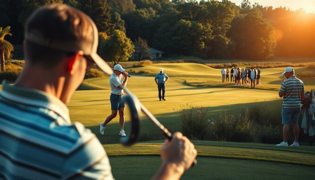 A serene golf course nestled in a lush, verdant landscape. In the foreground, a golfer diligently practices their swing, their focus unwavering as they hone their technique under the warm, golden sunlight. The middle ground reveals another golfer, meticulously analyzing their form and making adjustments, guided by a seasoned instructor nearby. In the background, a group of golfers engaged in a friendly match, their camaraderie and determination palpable. The scene conveys the importance of dedicated training and practice, where players of all levels come together to refine their skills and enjoy the sport they love.