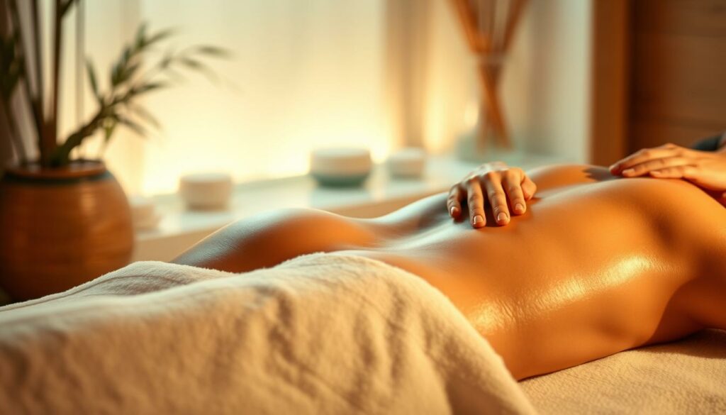 A serene, intimate scene of a sensual Nuru massage. In the foreground, the masseuse's skilled hands gently glide across the recipient's glistening, oiled body, evoking waves of pleasure. The middle ground features plush, white linens and soft lighting, creating a tranquil, spa-like atmosphere. In the background, a blurred, minimalist setting with calming, natural elements like bamboo accents or soothing water features. The overall mood is one of deep relaxation, indulgence, and erotic tension.