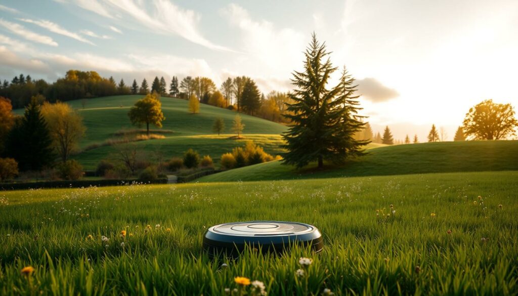 A serene landscape featuring a lush green meadow with wildflowers in the foreground. In the middle ground, a modern, eco-friendly robotic lawn mower glides silently, blending harmoniously with the natural surroundings. The background showcases a rolling hill with a mix of deciduous and evergreen trees, bathed in warm, golden sunlight that filters through wispy clouds. The scene radiates a sense of sustainability, environmental consciousness, and a harmonious coexistence between technology and nature.