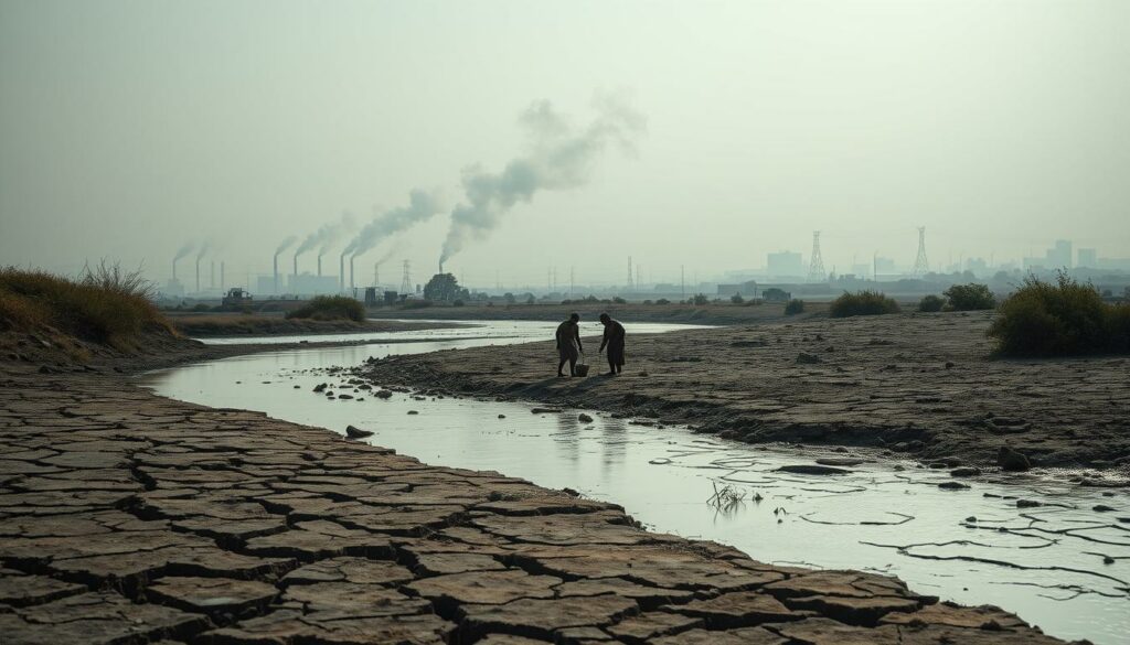 A serene landscape marred by the environmental consequences of costly water. In the foreground, a dried-up riverbed with cracked, parched earth. In the middle ground, a family struggling to gather the last droplets from a shallow well, their faces etched with despair. In the background, a hazy skyline of industrial towers, billowing smoke obscuring the horizon. Soft, diffused lighting casts an eerie, melancholic mood over the scene. A Canon 5D Mark IV camera, 24-70mm lens, f/8, 1/125s exposure captures the somber reality of the ecological impact of expensive water.