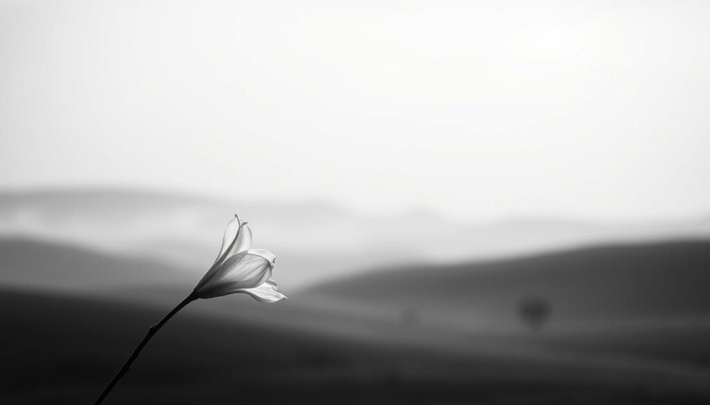 A serene, minimalist composition depicting the interplay of life and death. In the foreground, a single, delicate flower blossom, its petals unfurling with a fragile, ephemeral grace. The middle ground features an abstract, monochrome landscape, with a subtly undulating horizon line that suggests the endless cycle of existence. In the background, an ethereal, mist-shrouded sky, evoking a sense of the transcendent and the unknowable. The lighting is soft and diffused, creating a contemplative, meditative atmosphere. The overall aesthetic is one of elegant simplicity, inviting the viewer to ponder the profound duality of "Leben und Tod."