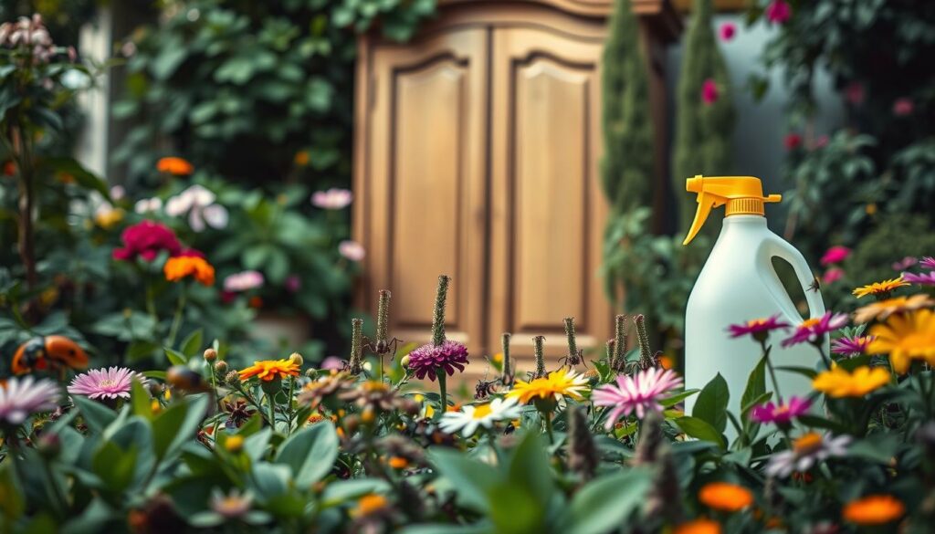 A serene, natural garden setting with lush foliage and vibrant flowers. In the foreground, a variety of eco-friendly pest control methods are displayed, such as ladybugs, praying mantises, and essential oils. In the middle ground, a traditional chemical pesticide sprayer stands in contrast. The background depicts a large wardrobe, hinting at the moth infestation mentioned in the article. The lighting is soft and diffused, creating a calming atmosphere that emphasizes the juxtaposition between natural and chemical approaches to pest management. The composition is balanced, with the natural and chemical elements positioned to draw the viewer's attention to the central theme of the section.