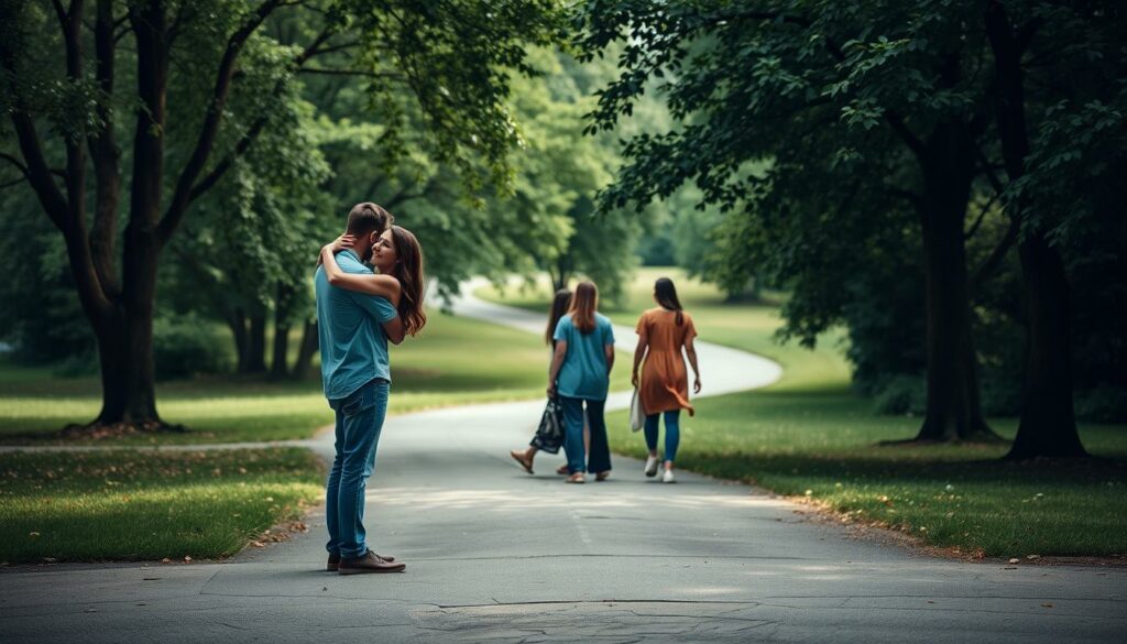 A serene park scene, with two figures standing at a crossroads. In the foreground, a couple embraces, representing the intimate bond of platonic love. In the middle ground, two friends walk side by side, their body language conveying the comfortable ease of a deep friendship. The background is lush with verdant trees and a winding path, suggesting the choices and directions one can take in relationships. Soft, diffused lighting creates a dreamlike atmosphere, inviting the viewer to ponder the nuances between platonic and romantic connections. The composition is balanced, with the two scenarios positioned as mirror images, highlighting the contrast and coexistence of these distinct forms of human bonding.