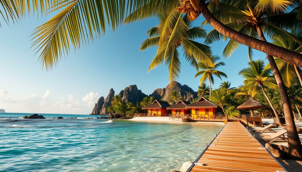 A serene tropical landscape on the Seychelles islands, showcasing lush palm trees, pristine white sand beaches, and crystal-clear turquoise waters. The scene is bathed in warm, golden sunlight, creating a picturesque and inviting atmosphere. In the foreground, a wooden pier extends into the calm ocean, inviting the viewer to explore the natural wonders of this idyllic destination. In the middle ground, a group of traditional Creole-style buildings with vibrant colors and thatched roofs blend seamlessly with the surrounding environment. The background features dramatic granite rock formations, adding depth and visual interest to the composition. The overall mood is one of tranquility, relaxation, and the promise of an unforgettable island getaway.