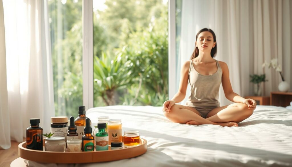 A serene, well-lit bedroom setting with soft, natural lighting filtering through sheer curtains. In the foreground, a person sits cross-legged on a comfortable mattress, eyes closed in a meditative pose, their face reflecting a sense of tranquility and focus. On the bedside table, an array of holistic remedies, teas, and essential oils hint at the impending detoxification process. The middle ground features a large window overlooking a lush, verdant garden, symbolizing the connection to nature and the restorative power of the upcoming cleanse. The background is gently blurred, creating a sense of peaceful isolation, allowing the viewer to fully immerse themselves in the preparatory atmosphere.