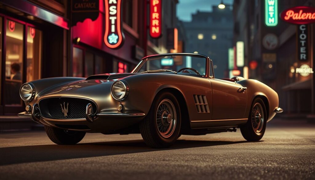 A sleek and iconic Maserati 3500 GT Spyder, captured in a mid-century setting that evokes the golden age of automobile design and popular culture. The car is positioned in a cinematic, dramatic lighting, casting long shadows and highlighting the curvaceous bodywork and chrome details. The background features a city street or alley, with vintage buildings, neon signs, and a moody, atmospheric ambiance that transports the viewer to a bygone era. The Maserati's presence commands attention, embodying the essence of automotive elegance and the enduring appeal of this classic sports car within the realm of popular culture.