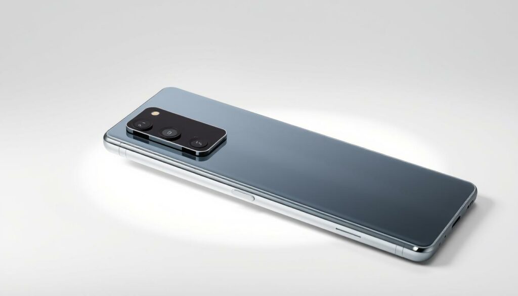 A sleek and modern Samsung Galaxy S24 FE smartphone, its camera module prominently displayed on the back. The device is set against a clean, minimalist background, with soft studio lighting illuminating the metallic chassis and glass panel. The camera lens is the focal point, capturing the attention with its precise engineering and advanced optics. The overall composition conveys a sense of premium quality, reflecting the device's balance of high-end features and affordability. The image aims to showcase the S24 FE's exceptional camera capabilities, making it an appealing choice for budget-conscious consumers seeking exceptional photography performance.