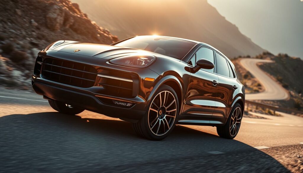 A sleek and powerful Porsche Cayenne Turbo, its muscular frame gleaming under the warm afternoon sun. The front grille dominates, a bold statement of performance, flanked by sharp LED headlights that pierce the shadows. The aerodynamic body curves seamlessly, hinting at the sheer force contained within. Massive alloy wheels fill the wheel wells, ready to devour the road. In the background, a winding mountain pass unfolds, the asphalt ribbon slicing through rugged terrain. Crisp, high-contrast lighting accentuates every detail, from the sculpted hood to the quad exhaust tips that rumble with unbridled power. This is the Porsche Cayenne Turbo, a true masterpiece of engineering and design - the pinnacle of performance.