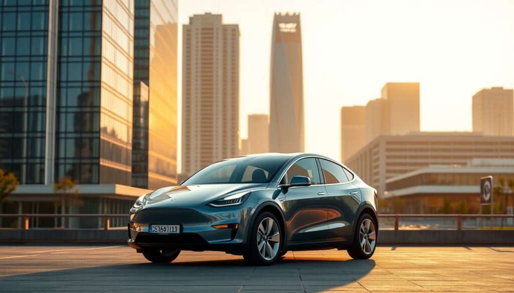 A sleek, chrome-trimmed Tesla Model Y 2025 Facelift stands prominently in the foreground, its elegant lines and bold design conveying a sense of high-quality engineering. The middle ground features a modern, minimalist cityscape, with towering glass skyscrapers and clean, well-maintained streets, suggesting an urban setting with a focus on efficiency and value. The background is bathed in warm, golden lighting, creating a harmonious and inviting atmosphere. The overall composition and attention to detail suggest a well-balanced and impressive price-to-performance ratio, perfectly capturing the essence of the "Preis: Gutes Preis-Leistungs-Verhältnis" section of the article.