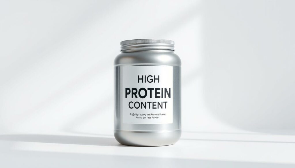 A sleek, high-quality protein powder container set against a clean, modern background. The container is made of high-grade stainless steel, with a minimalist design and a prominent label highlighting the "High Protein Content" claim. Soft, natural lighting illuminates the product, casting subtle shadows and adding depth to the scene. The background is a simple, white seamless backdrop, allowing the powder container to take center stage. The overall mood is one of quality, purity, and health-conscious lifestyle.