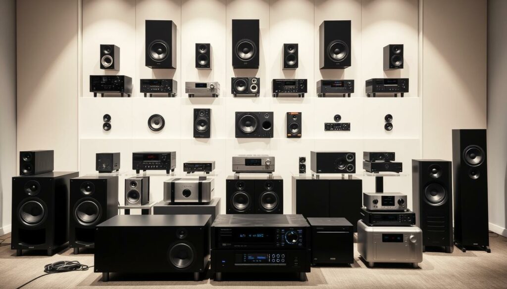 A sleek, minimalist display showcasing various audio equipment, including speakers, amplifiers, and mixing consoles. The foreground features an array of high-end sound system components, expertly arranged to highlight their distinctive designs and features. The middle ground showcases a range of speaker models, each with a unique form factor and driver configuration. The background subtly fades into a clean, well-lit studio or showroom setting, allowing the audio equipment to take center stage. The overall composition conveys a sense of sophistication, technical prowess, and the diverse options available for discerning audio enthusiasts. Crisp, even lighting accentuates the textures and materials of the sound system components, inviting the viewer to imagine the immersive listening experience they could provide.
