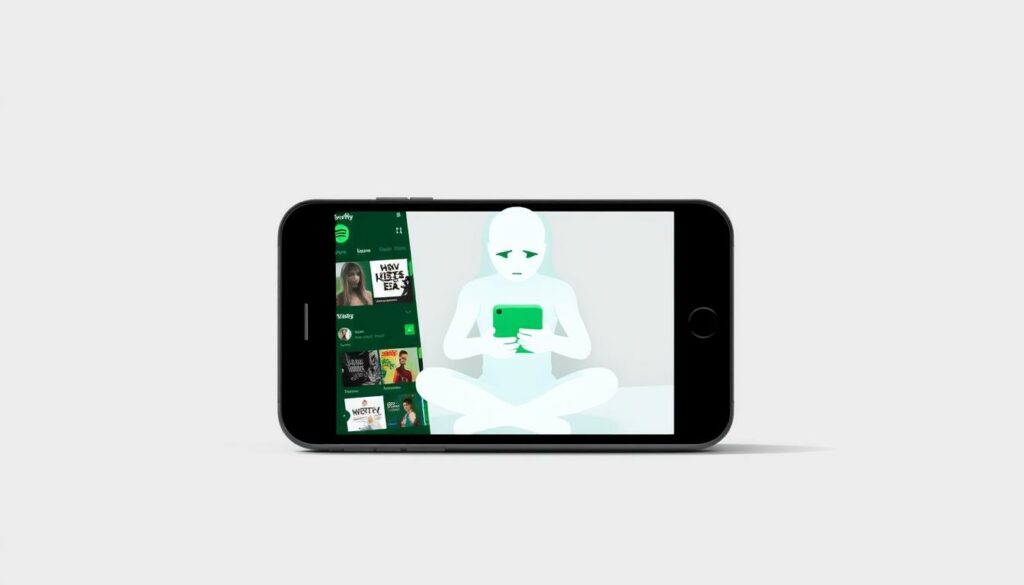 A sleek, minimalist illustration depicting the Spotify Free experience. In the foreground, a stylized smartphone screen shows the Spotify app interface, with its familiar green and black color scheme. The screen displays a grid of album covers, hinting at the music content available in the free version. In the middle ground, a ghostly, semi-transparent figure representing the user is seated, hands grasping the smartphone. The figure's expression conveys a sense of frustration or dissatisfaction, alluding to the limitations of the free service. The background is a softly blurred, monochromatic gradient, creating a sense of depth and focus on the central elements. Subtle, indirect lighting from the side casts gentle shadows, enhancing the three-dimensional feel and the premium, high-end aesthetic. Overall, the image aims to convey the core concept of "Spotify Free Einschränkungen" - the restrictions and compromises inherent in the free version of the popular music streaming platform.