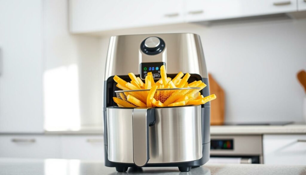 A sleek, modern air fryer stands on a kitchen counter, its metallic exterior gleaming under bright, natural lighting. Crisp, golden-brown french fries spill out of the machine's large basket, their tantalizing aroma filling the air. The fryer's digital display and intuitive controls indicate its ease of use, perfect for the home cook seeking a healthier alternative to deep frying. Behind the appliance, a clean, minimalist backdrop of white walls and wooden accents creates a welcoming, contemporary atmosphere. The scene conveys the simplicity and convenience of preparing delicious, low-fat fries in the comfort of one's own kitchen.